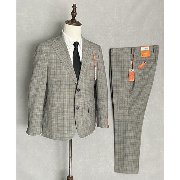 Tallia Men's 2-Piece Suit Men's 40 Short 34x30 Cream/Brown Plaid Wool NEW - Picture 1 of 16